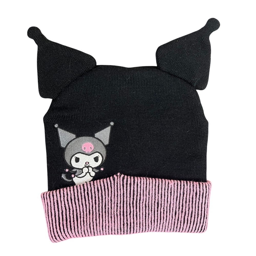 Sanrio Kuromi Black Pink Knit Beanie Hat with Ears Embroidered OSFM 2022